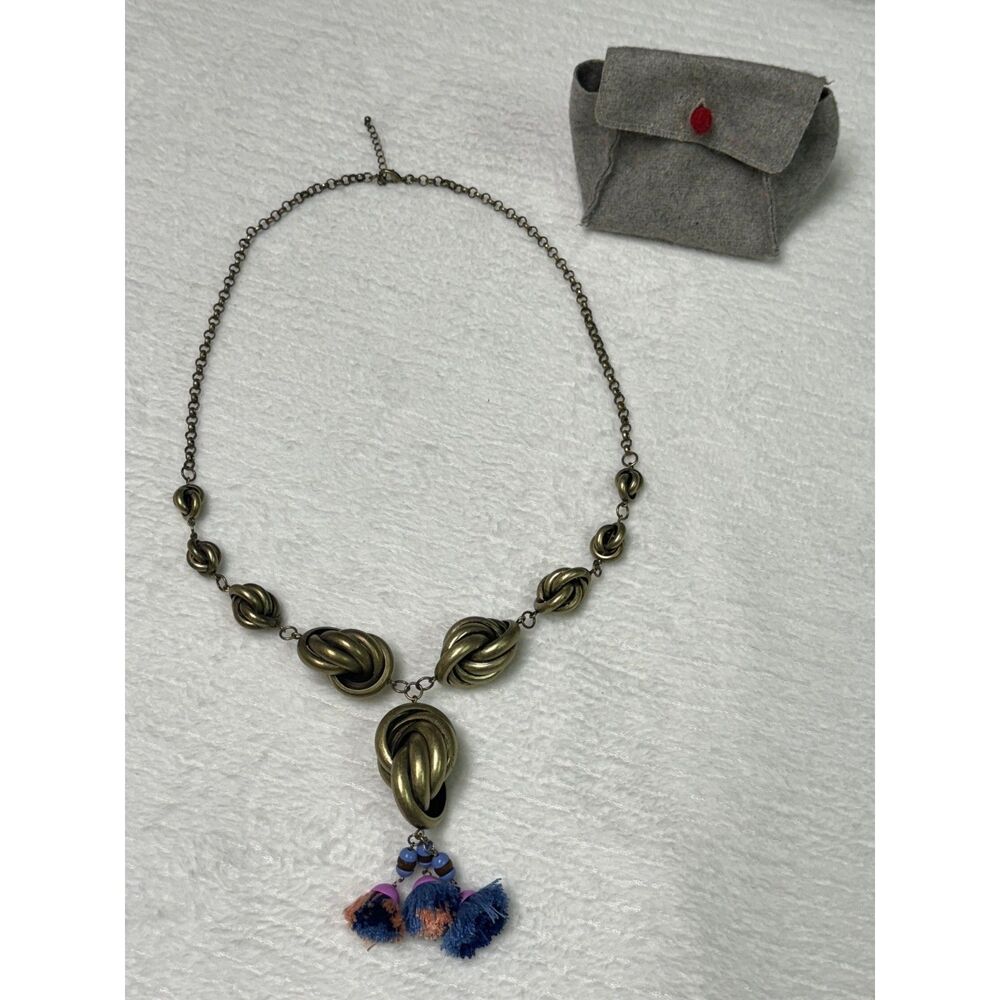 VINTAGE ANTHROPOLOGIE Brass Tassel Necklace with Flannel Pouch